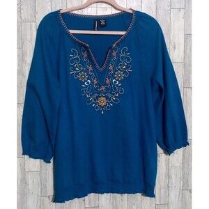 Jason Maxwell Blouse Embroidered Floral Blue 3/4 Sleeve Smocked Hem‎ Size Large